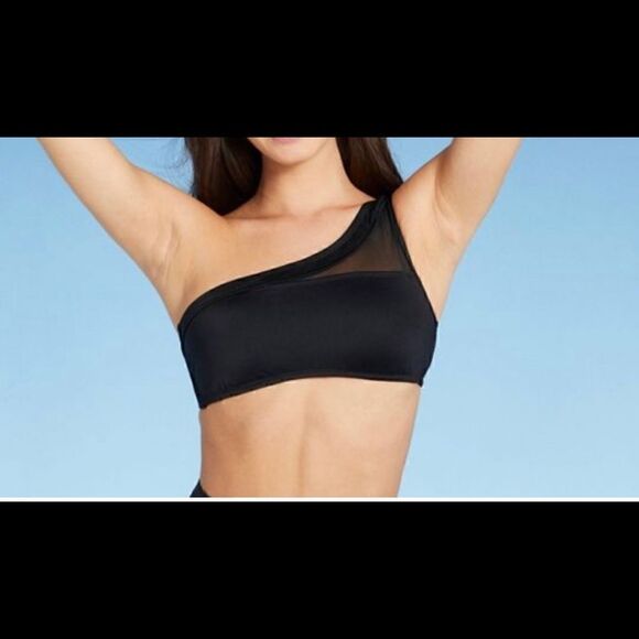 Shade & Shore brand black one shoulder bikini top with mesh details. NWT - Picture 3 of 4